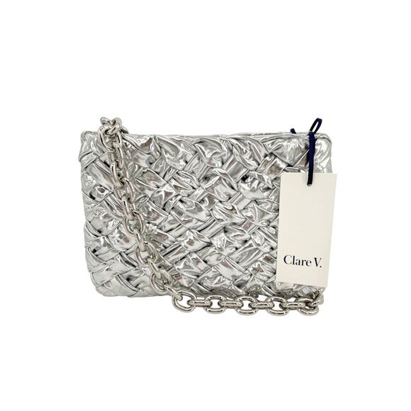 CLARE V. Estelle Clutch Specchio Puffy Woven & Mini Link Shoulder Strap Silver - Picture 1 of 14
